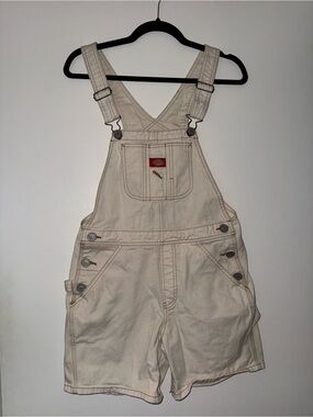 Dickies Cream Canvas Bib Overalls with Red Logo Patch